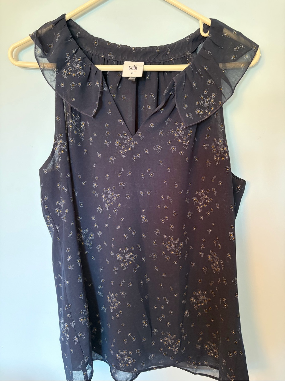 CAbi Navy Floral Ruffle Collar Sleeveless Camisole